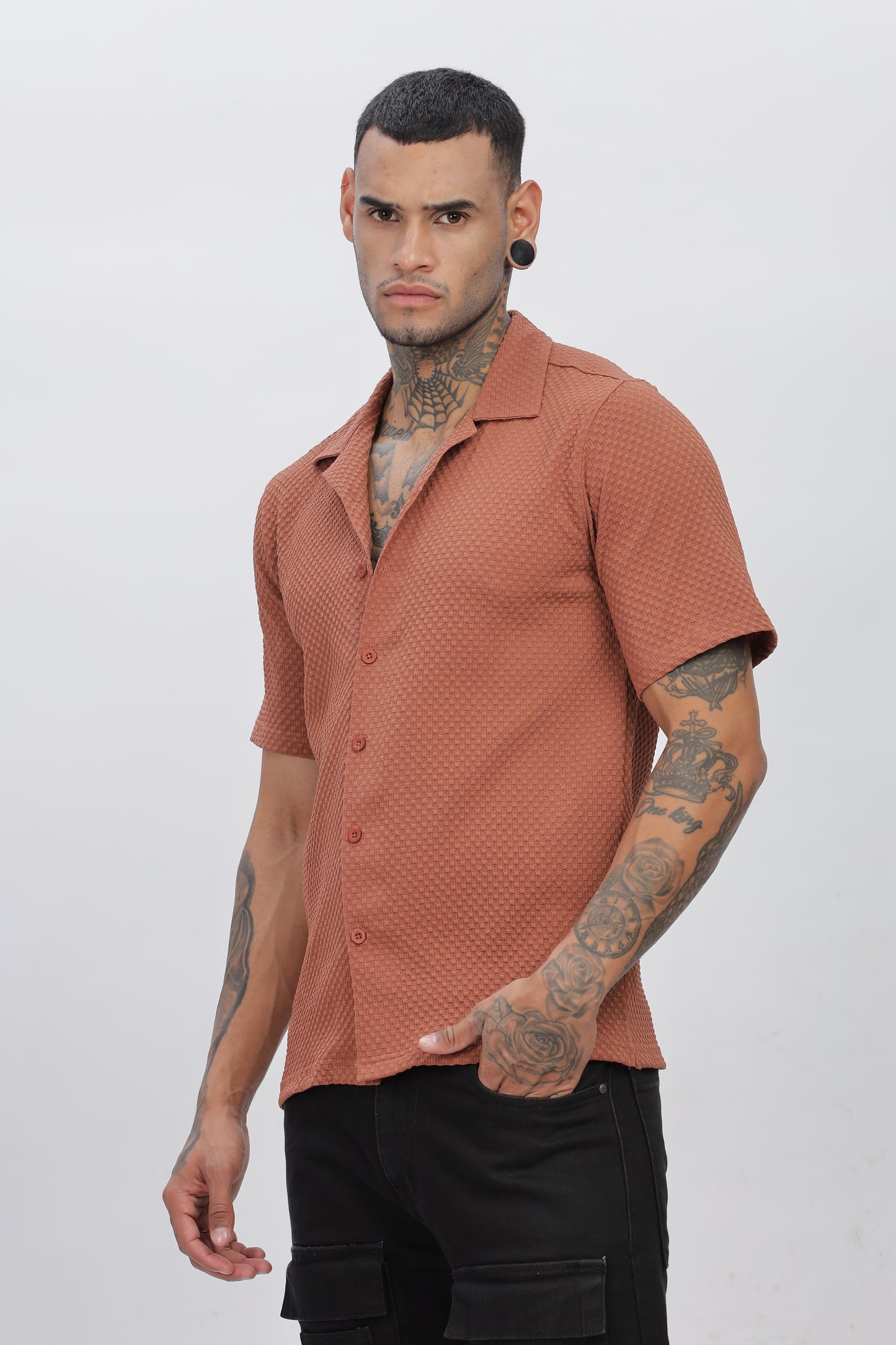 Rust Popcorn Fabric Cuban Collar Shirt