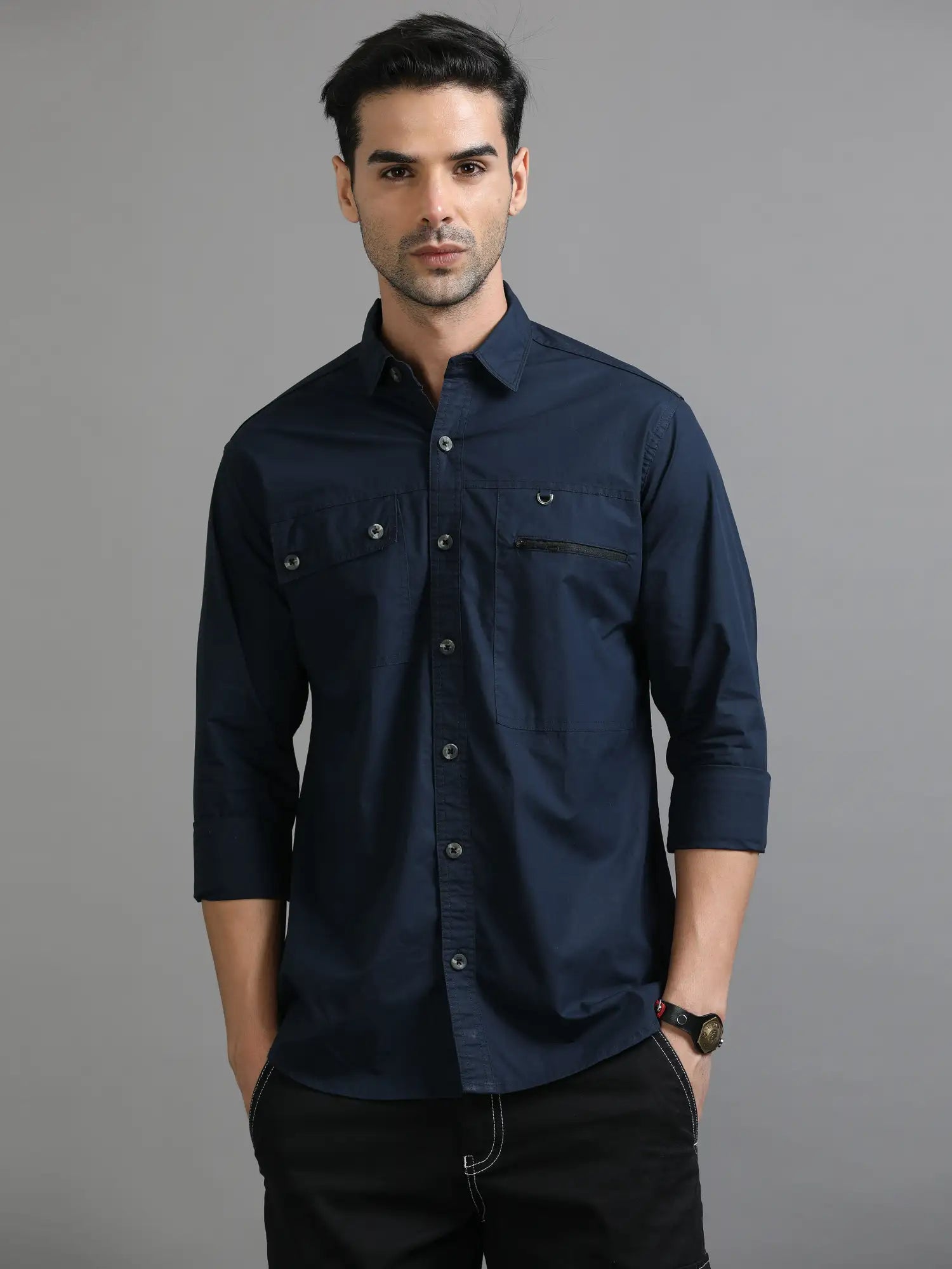 Midnight Sky Navy Blue Solid Shirt for Men 